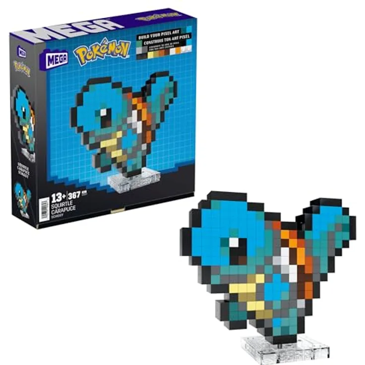 Jurassic World MEGA Pokémon Schiggy - zusammenbaubare Figur im Retro-Look, Pixel Art, 15 cm groß, inklusive Basis zur Wandmontage, für Erwachsene und erfahrene Sammler, HTH77
