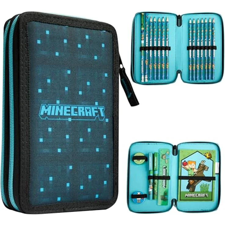 Minecraft Federmäppchen Gefüllt, cooles Mäppchen mit Schreibwaren für Schule und Freizeit, Blau/Schwarz – Bild 1