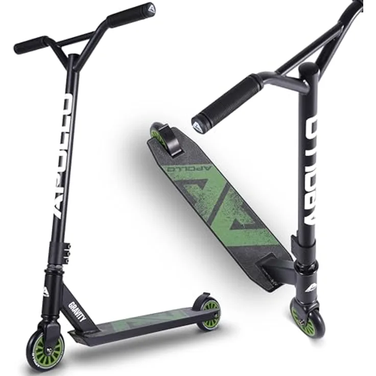 Apollo Stuntscooter Gravity, Kinderroller Trick Roller für Beginner, Schwarz/Grün, rutschfestes Deck, Kugellager, Aluminiumrahmen