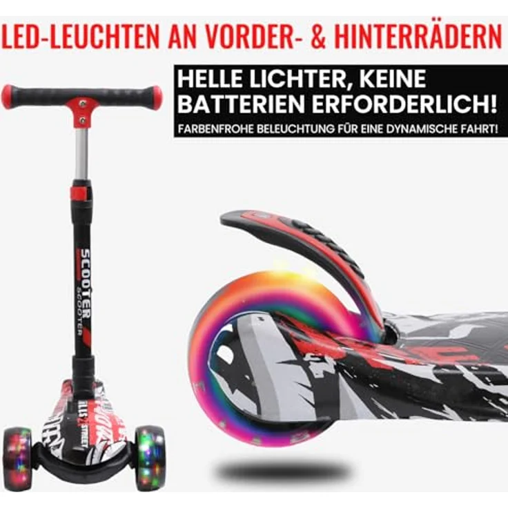 Habib Gruppe Kinderroller, Klappbar Tretroller mit LED Leuchträdern, Höhenverstellbar für 3-12 Jahre, Graffiti Design, rutschfeste Griffe & Hinterradbremse, max. 50 kg – Bild 3