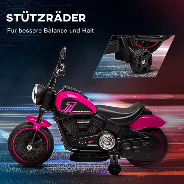 HOMCOM Elektro-Kindermotorrad Kinderfahrzeug mit abnehmbaren Stützrädern, Rosa, Belastbarkeit 25 kg, 76L x 42B x 57H cm – Bild 4