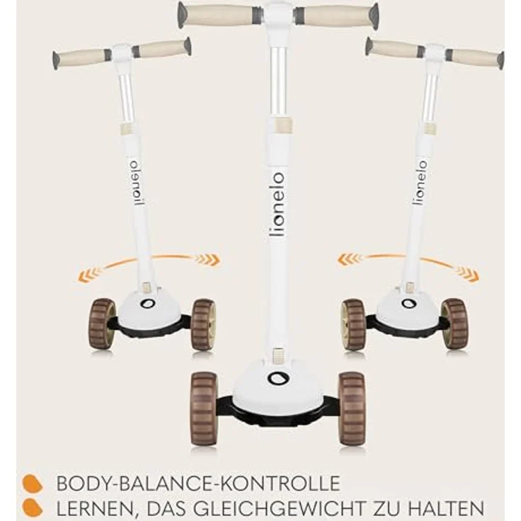 Lionelo Franky 2in1 Kinder Laufrad bis 20 kg Balance Roller bis 50 kg, Höhenverstellbar, LED-Räder, rutschfestes Trittbrett, Korb Beige – Bild 4