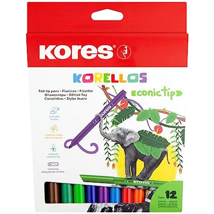 Kores Korellos Filzstifte, 12 Farben mit konischer Spitze, waschbar und langlebig