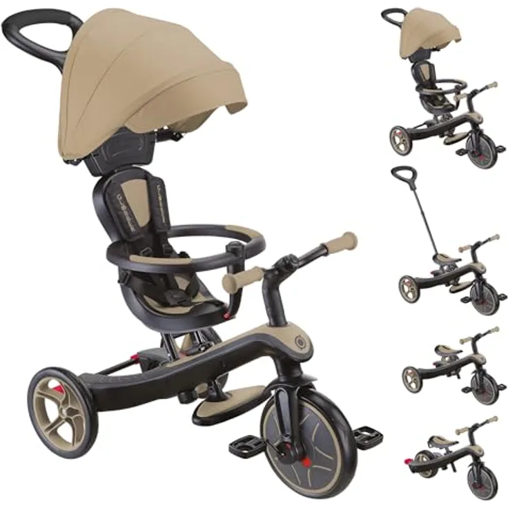 Globber Explorer Trike 4in1 Pro in Sand – Kinderfahrzeug mit höhenverstellbarem Sitz, UV-Sonnenschutz und Sicherheitsgurt
