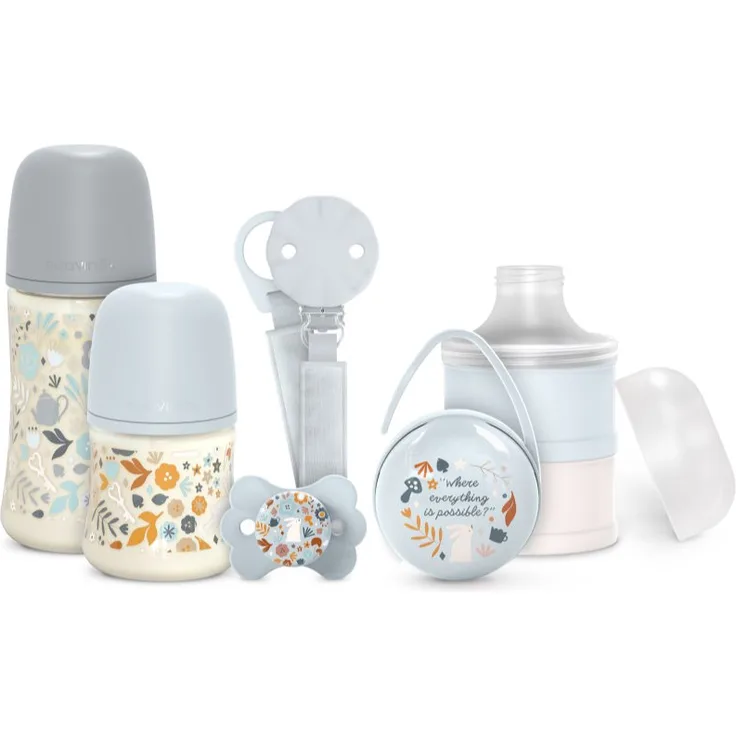 Suavinex Wonderland Baby Set Blue, Geschenkset mit 2 Anti-Colic Babyflaschen, Schnuller, Schnullerclip und Milchpulver-Portionierer für Neugeborene