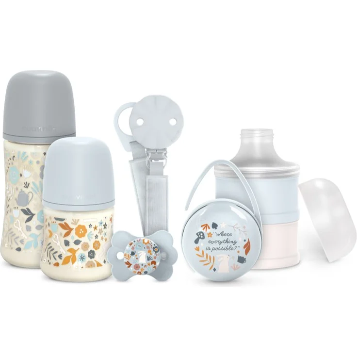 Suavinex Wonderland Baby Set Blue, Geschenkset mit 2 Anti-Colic Babyflaschen, Schnuller, Schnullerclip und Milchpulver-Portionierer für Neugeborene
