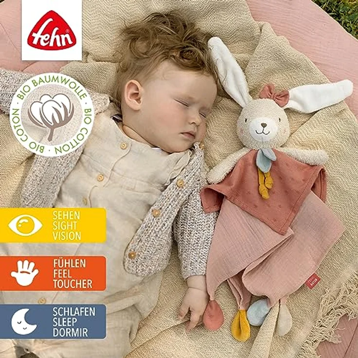 Fehn Schmusetuch Hase fehnNATUR - Spielkamerad & Stofftier-Schnuffeltuch mit Baumwolle aus kontrolliert biologischem Anbau (kbA) mit Schnuller-Befestigung - für Babys & Kleinkinder ab 0+ Monaten – Bild 2