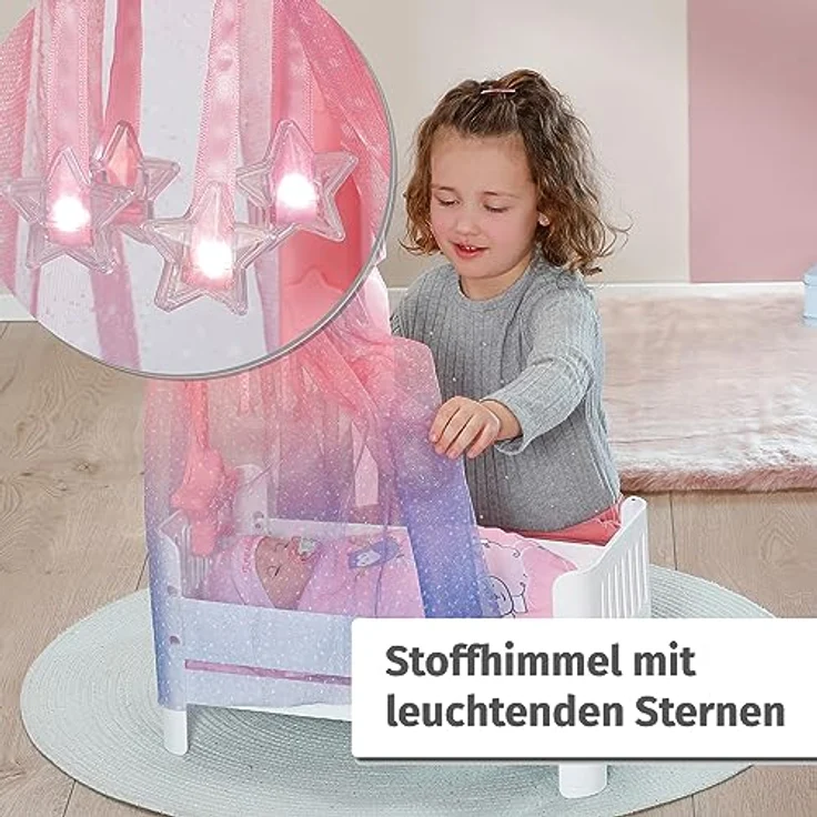 Baby Annabell, Puppenbett weiß, Baby Annabell Sweet Dreams Bett, Bett für Puppen mit Himmel, Leuchtsternen, Schlaflied, Matratze, Decke und Kissen, 710302, Zapf Creation, Klein – Bild 4