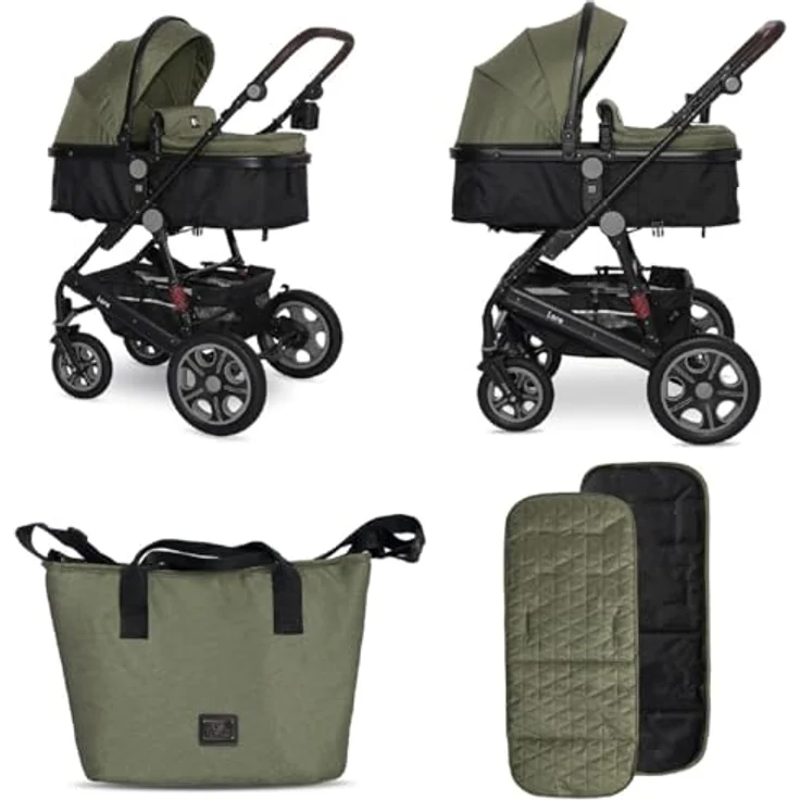Lorelli Kinderwagen Lora faltbar Gummiräder Tragetasche Sportsitz Fußabdeckung, grün – Bild 4