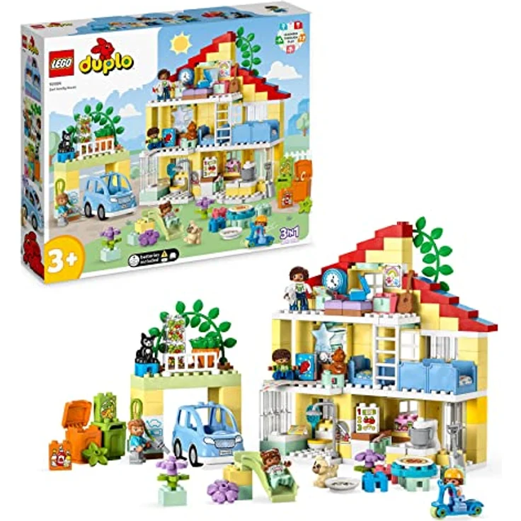 LEGO 10994 DUPLO 3-in-1-Familienhaus, Puppenhaus aus Bausteinen mit Push&Go Auto, 5 Figuren, 2 Tieren und Spielzeug-Lampe, Spielhaus Geschenk für Kleinkinder, Mädchen und Jungen ab 3 Jahren – Bild 1
