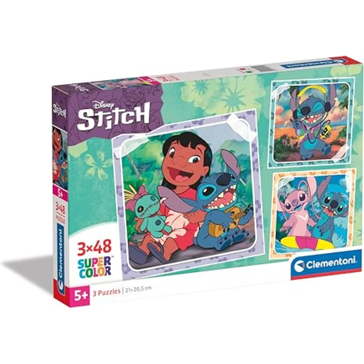 Clementoni Stitch Puzzle 3 x 48 Teile, Disney, buntes Kinderpuzzle mit Leuchtkraft und Farbintensität, 32 x 22 cm, für Kinder ab 5 Jahren