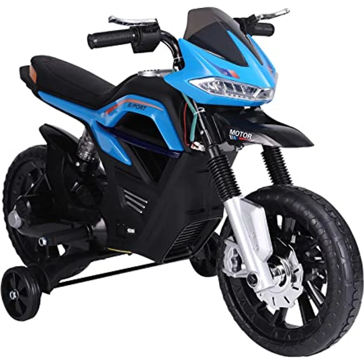 HOMCOM Kindermotorrad Kinder-Elektromotorrad Elektro-Motorrad für Kinder 3-6 Jahren Licht Musik MP3 Elektrofahrzeug mit Stützrädern maximal 3 km/h Metall + Kunststoff Blau 105 x 52,3 x 62,3 cm – Bild 1