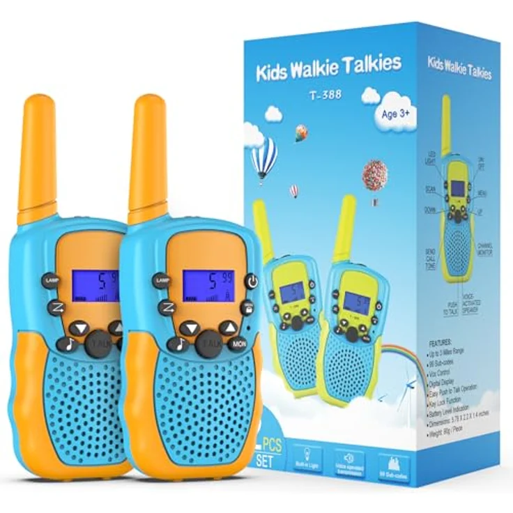 Kearui Walkie Talkie für Kinder, 8-Kanal Funkgerät mit LCD, LED-Taschenlampe, 3 Meilen Reichweite, blau-orange, für Abenteuer im Freien, Camping, Wandern – Bild 1