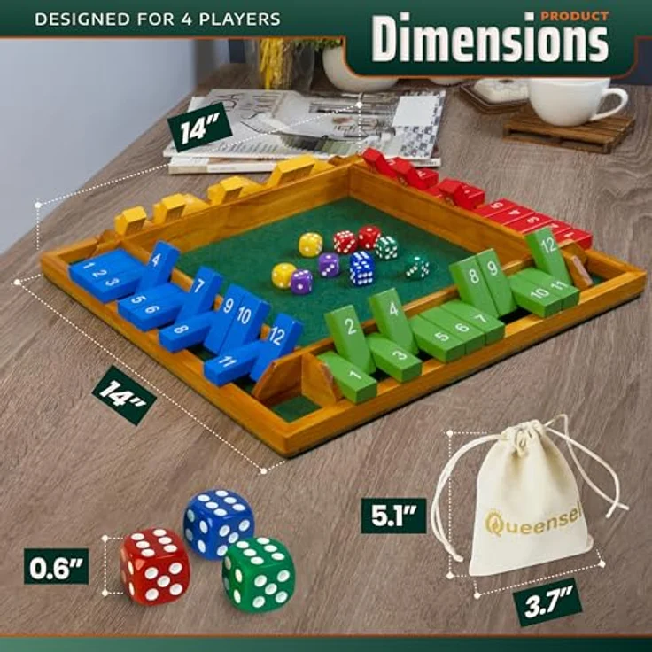 Queensell Shut The Box 4 Spieler Groß, Holzspiel 35,5 cm mit 12 Zahlen, inklusive 10 Würfeln und Aufbewahrungsbeutel, Gesellschaftsspiel für Erwachsene und Familien – Bild 2