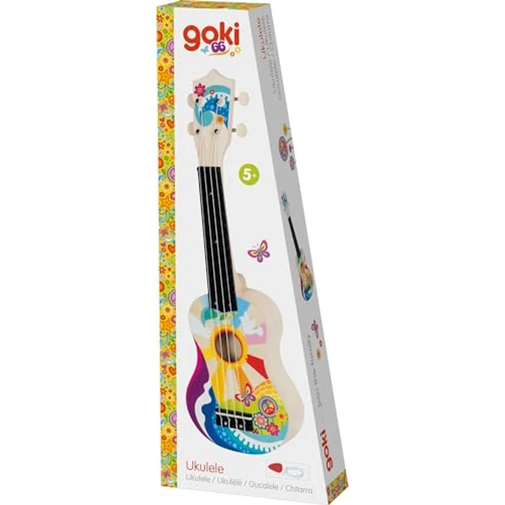 goki 61847 Ukulele Flower Power, Kinder-Ukulele aus Holz, 53 cm, 4 Saiten, Retro-Design im 60er-Jahre Stil mit Plektron & Ersatzsaiten, ideales Lerninstrument für Anfänger – Bild 4