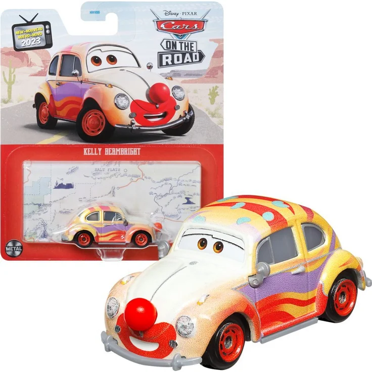 Disney Cars Kelly Beambright HKY31 Spielzeug-Rennwagen, 1:55 Metallauto, Volkswagen Käfer, Circus Velocitas Clowntoy – Bild 1