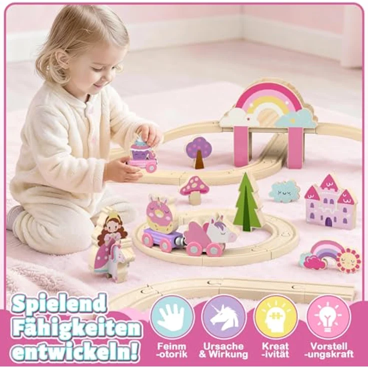 Lehoo Castle Holzeisenbahn, 38-teiliges Einhorn-Set für Mädchen, rosa, kompatibel mit Holzschienen, ideales Geschenk ab 3 Jahren – Bild 2