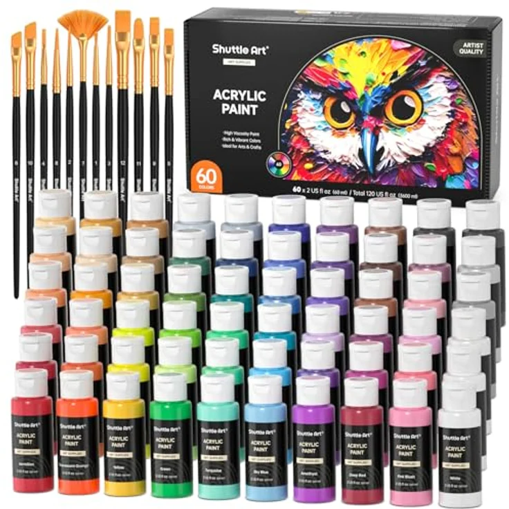 Shuttle Art 72 Stück Acrylfarben Set, 60 hochpigmentierte und ungiftige Farben in 60ml Flaschen, wasserfest für Künstler und Anfänger auf verschiedenen Oberflächen – Bild 1