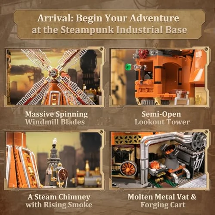 Pantasy Steampunk Windmill Workshop, Klemmbausteine-Modell mit 2400 Teilen, 3 Fantasy-Minifiguren und funktionierendem Dampfschornstein – Bild 4