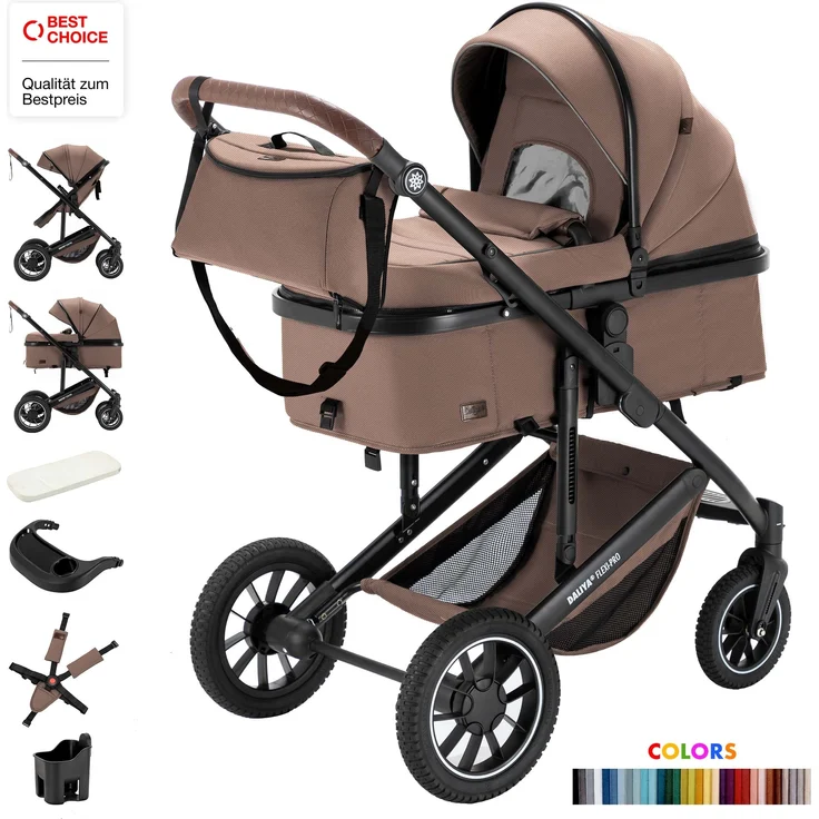 Daliya FLEXI-PRO 2in1 Kinderwagen & Buggy, Beige-Rosa Leinen, mit umwandelbarer Babywanne und Sportsitz, 5-Punkt-Sicherheitsgurt, UV-Sonnenschutz