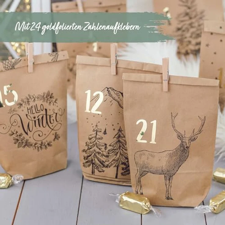 PAPIERDRACHEN Adventskalender zum Befüllen - 24 Bedruckte Geschenktüten und 24 Zahlenaufkleber und Klammern - Motiv Cozy Winter schwarz - zum Basteln und Verschenken - Weihnachten - Preisvergleich – Bild 3