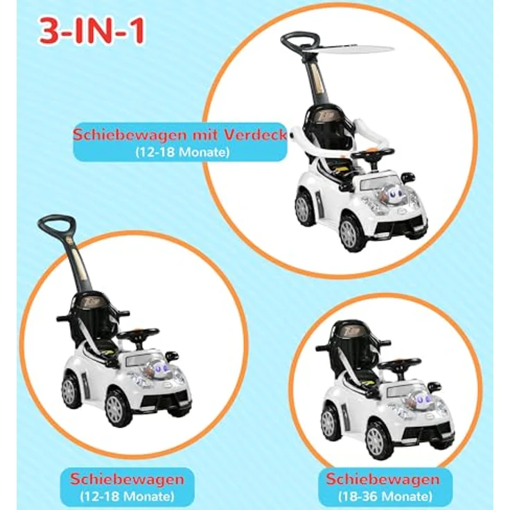 AIYAPLAY Rutscher 3-in-1 Schub- und Haltestange mit Rückenlehne, Schiebeauto und Lauflernhilfe für Kinder 1–3 Jahre, weiß+schwarz – Bild 3