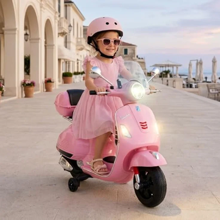 Sun Baby Elektrischer Kinderroller Vespa Maxi, 12V Elektrofahrzeug mit MP3, Kofferraum und Licht, rosa – Bild 8