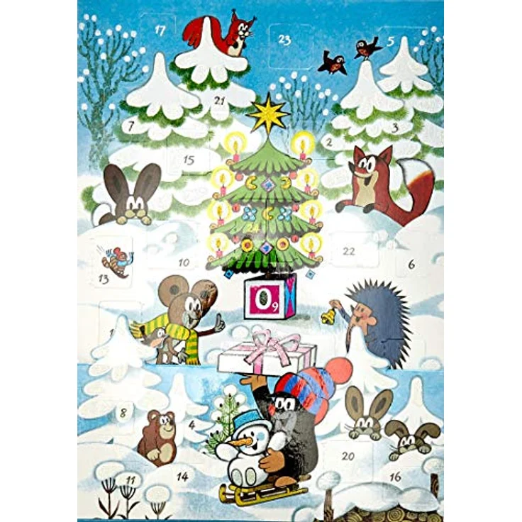 Korsch Adventskalender "Der kleine Maulwurf und seine Freunde", A4 Aufstellkalender mit 24 weihnachtlichen Motiven, illustriert von Zdenek Miler, Glitterlack verziert – Bild 1