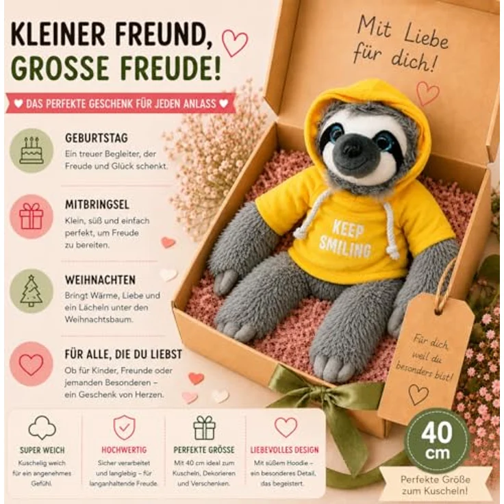 SOMA Faultier Kuscheltier XXL 40 cm grau, Plüschtier mit "Keep Smiling" Pullover in gelb, ideal als Geschenk für Kinder und Erwachsene – Bild 7
