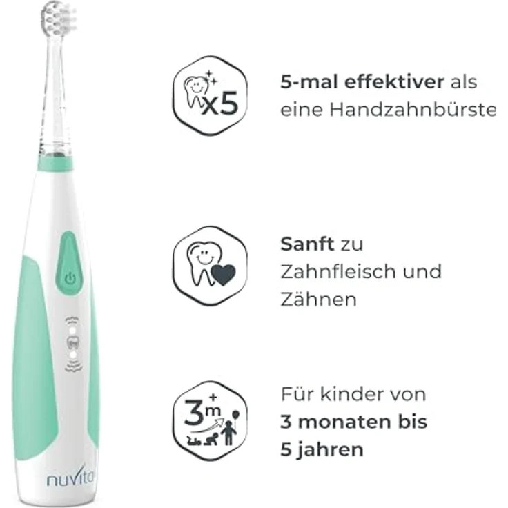 Nuvita 1151B, Elektrische Kinderzahnbürste Sonic Clean & Care, für Kinder 3 Monate bis 5 Jahre, 3 Vibrationsmodi, AIO zugelassen, wasserfest, langlebige DuPont Nylonborsten – Bild 4