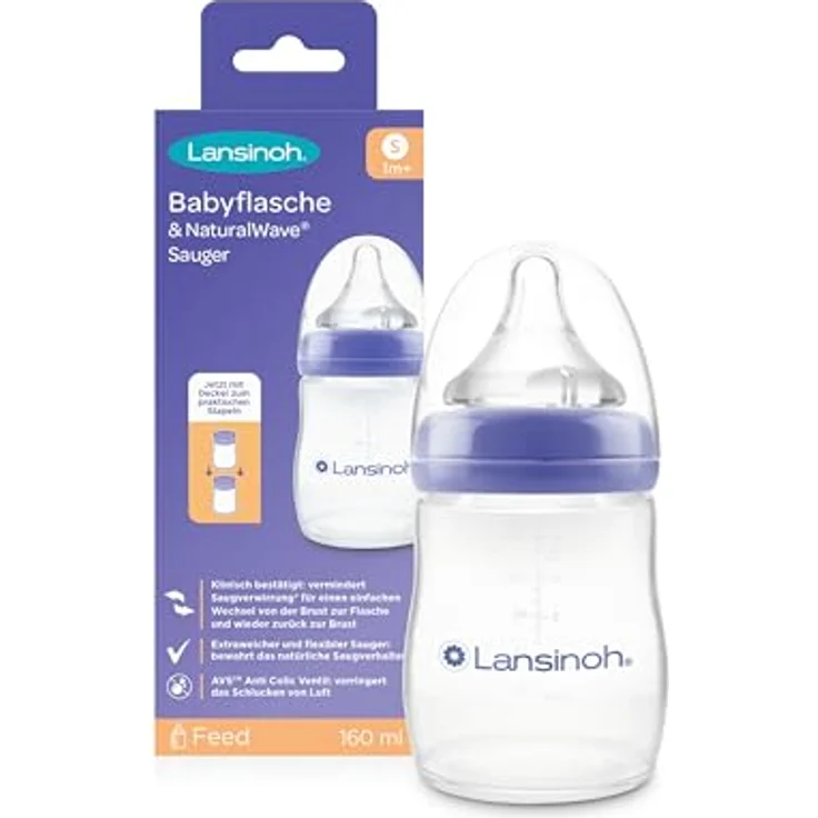 Lansinoh Babyflasche mit NaturalWave Sauger Gr. S, 160 ml - neues kompaktes Design für verbesserte Stabilität - mit stapelbarem Deckel – Bild 1