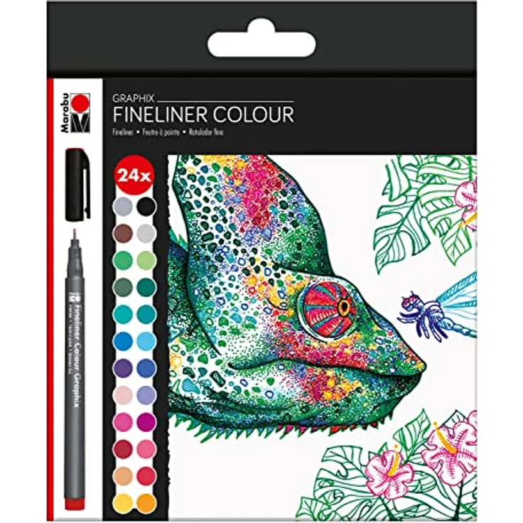 Marabu GRAPHIX HYPNOTIZE Fineliner, 24 Farben farbsortiert, 0,5 mm, schnell trocknend, metallgefasste Spitze