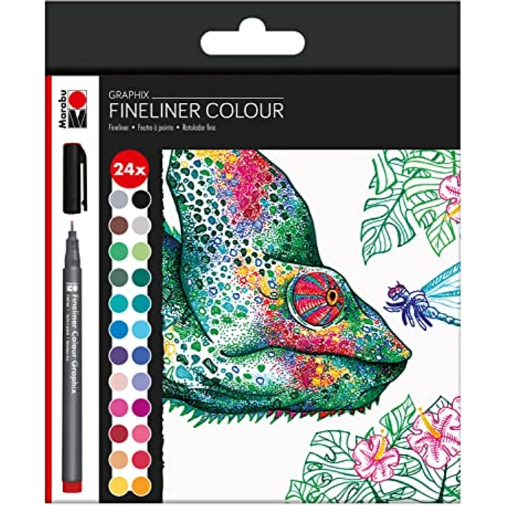 Marabu GRAPHIX HYPNOTIZE Fineliner, 24 Farben farbsortiert, 0,5 mm, schnell trocknend, metallgefasste Spitze – Bild 1