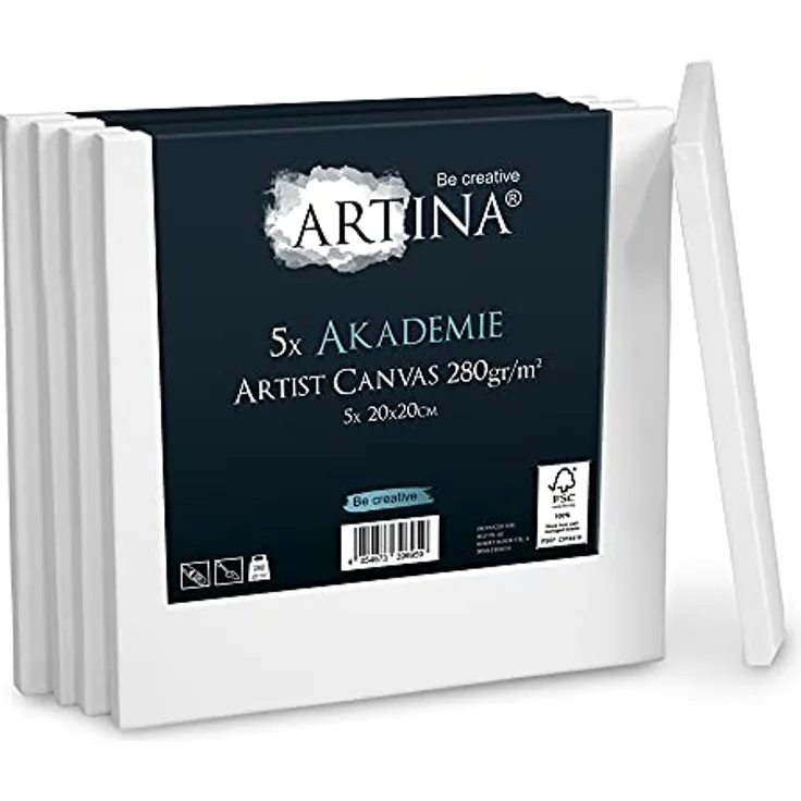 Artina FSC® Keilrahmen 5er Set Akademie 20x20 cm – Leinwand Set Maltuch aus 100% Baumwolle Leinwände 280 g/m² - Keilrahmenset Leinwand zum Bemalen für Acryl-, Aquarell-, Ölfarbe uvm