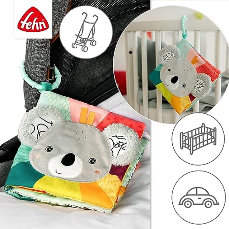 Fehn Stoffbuch Koala – Baby Fühlbuch aus Stoff mit Tier-Motiven: Knisterbuch zum Fühlen, Greifen und Staunen – zum Aufhängen für Kinderwagen und Babyschale – für Babys und Kleinkinder ab 3+ Monaten – Bild 4