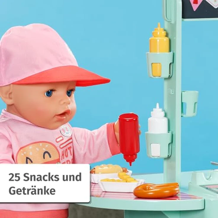 BABY Born Snack Shop, Essensstand für Puppen mit Soundeffekten, 25 verschiedene Fastfood-Snacks, Zubehör inklusive Grillzange und Frittierkorb, 39 x 20 x 27 cm, 835883 Zapf Creation – Bild 4