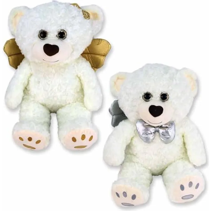 BEMIRO Teddy Engel Angelo mit Flügeln und Schleife - ca. 40 cm, Glitzernde Flügel und Schleife, Gold/Silber - Preisvergleich