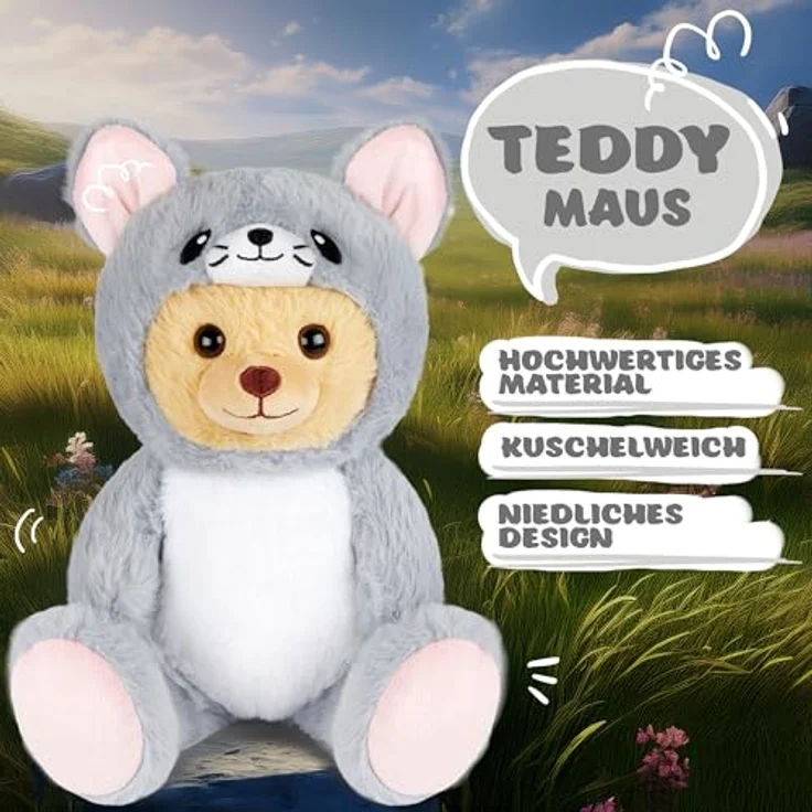BRUBIES Teddy Maus, 25 cm Teddybär im Mäusekostüm mit abnehmbarer Kapuze, graues Plüschtier für kuschelige Abenteuer, ideales Geschenk für Kinder – Bild 2