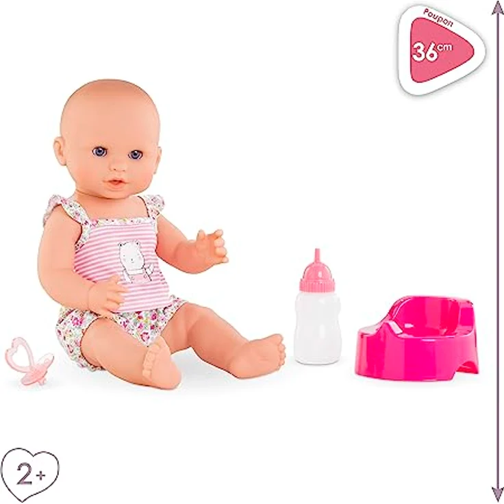 Corolle Emma Trink und Näss Badebaby, Vollvinylpuppe mit Schlafaugen, Trink und Nässfunktion, Schnuller, Flasche, Töpfchen, Vanilleduft, 36cm, ab 2 Jahren – Bild 3
