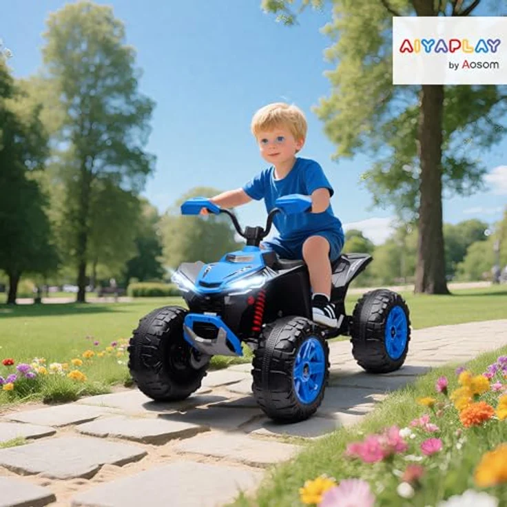 AIYAPLAY 24V Elektro Quad für Kinder, Kinderquad mit Vorwärts- und Rückwärtsfunktion, 2-Sitzer, 4 gefederte Räder, Scheinwerfer, USB- & MP3-Anschluss, 4-6,5 km/h, Blau – Bild 2