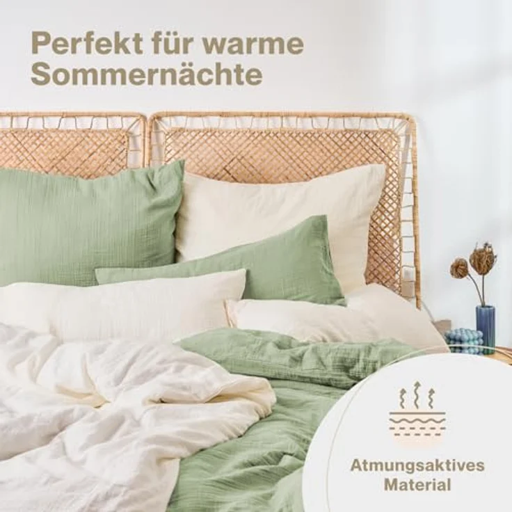 Blumtal Musselin Bettwäsche 200x200 cm - Oeko-TEX zertifizierte atmungsaktive Baumwolle - Sommerbettwäsche Beige – Bild 3