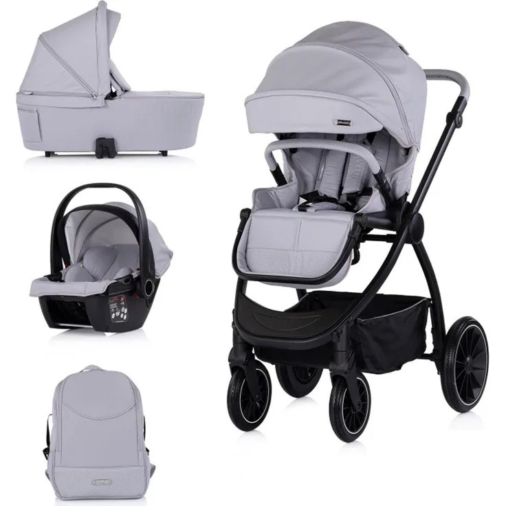 Chipolino Kombikinderwagen 3-in-1 Prestige, Babywanne, Rucksack i-Size Babyschale, hellgrau, für Neugeborene bis 22 kg, umkehrbare Sitzeinheit, verstellbare Rückenlehne, leichtes Aluminiumrahmen
