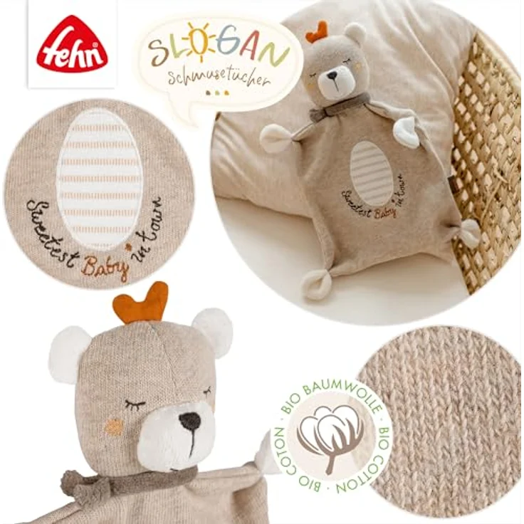 Fehn Schmusetuch Teddy Baby – Spielkamerad mit individuell gesticktem Slogan, 2 in 1 Schnuffeltuch, Bio-Baumwolle, ab 0+ Monaten – Bild 3
