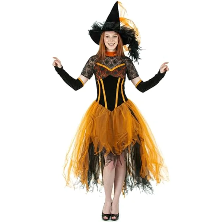 Funny Herbsthexe Freya Hexenkostüm, schwarz-orange mit Spitze, inkl. Gloves und Hexenhut, Größe 44-46