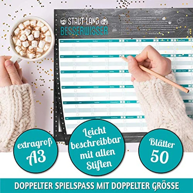 GOODS+GADGETS Stadt, Land, Besserwisser XXL, Spielklassiker Stadt Land Fluss in DIN A3 mit 39 Kategorien und spezialisierten Regeln – Bild 4