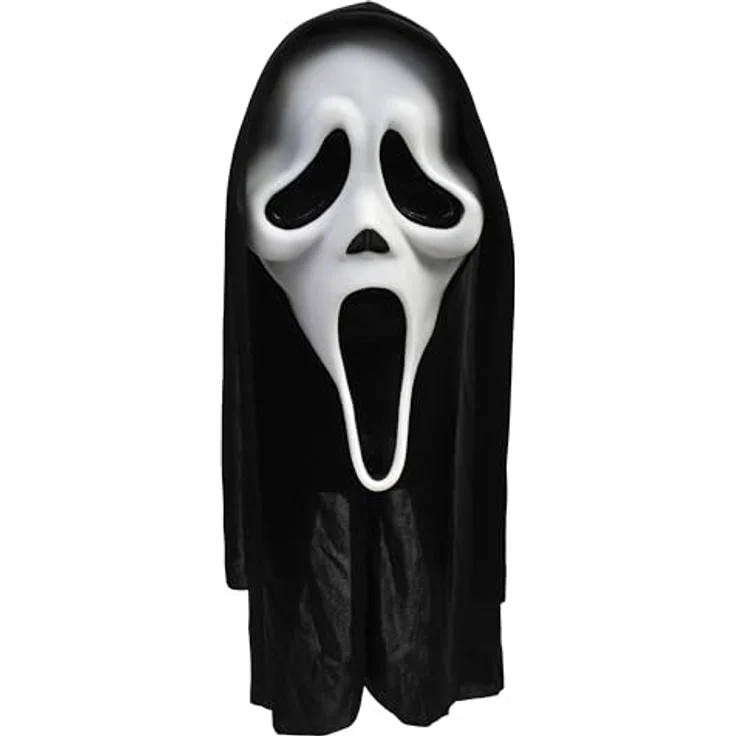 Fun World Ghostface Scream Maske, originale Halloween Verkleidungsmaske mit angenähter schwarzer Stoffkapuze – Bild 3