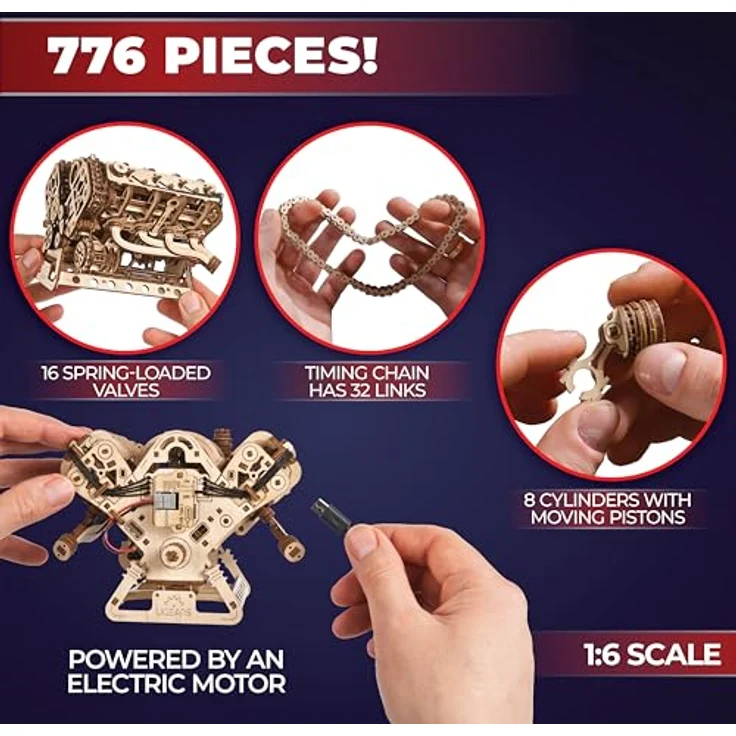 UGEARS V8 Motor Modellbausatz, 3D Holzpuzzle für Erwachsene, 776 Teile, USB-C-betriebener Elektromotor, DIY-Kit für Technik-Enthusiasten – Bild 3