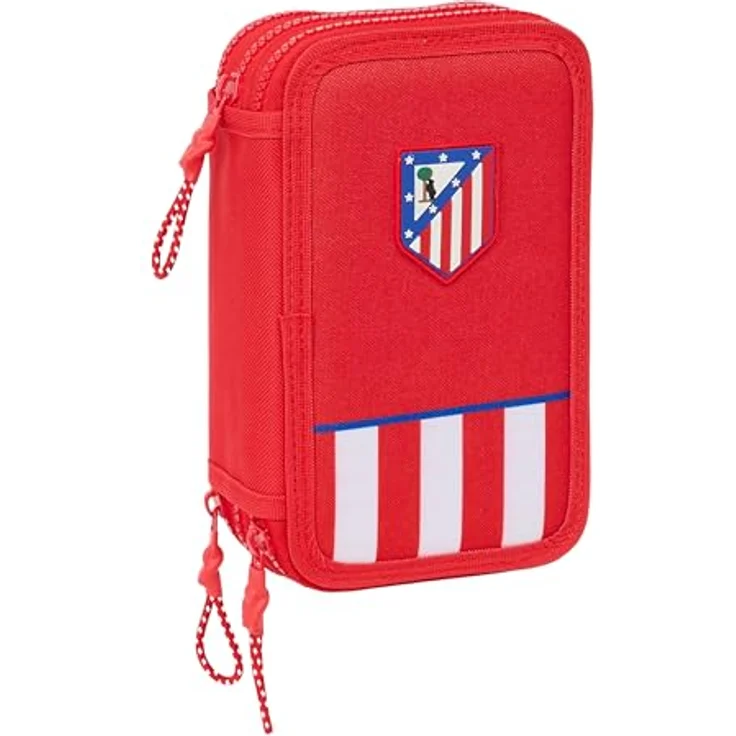 Safta Federmäppchen Atletico de Madrid, dreifach Federmäppchen mit 36 Teilen, inkl. Radiergummi, Bleistift, 16 Holzfarbstiften und 14 farbigen Markern, 12,5x5,5x19,5cm – Bild 1
