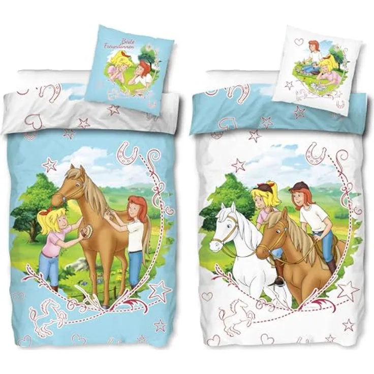 BERONAGE Bibi und Tina Kinder-Bettwäsche Sternenzauber Blau 135 x 200 + 80 x 80 cm 100% Baumwolle Biber-Flanell-Qualität Blocksberg Pferde-Bettwäsche Sabrina Amadeus Martinshof mit Reißverschluss