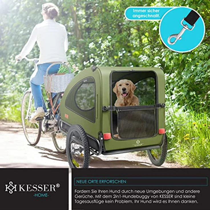 KESSER® Hundeanhänger Boxer 2-in-1 Hundebuggy Fahrradanhänger groß ca. 250L Volumen - Inkl. Fahne und Tasche - 600D Oxford Canvas, Klappbar SmartSpace Concept, maximale Belastbarkeit: 45kg Khaki / Schwarz – Bild 6